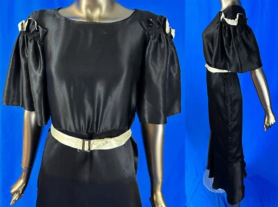 Vestido de noche vintage años 30 negro seda Charmeuse blanco ribete cinturón corte sesgado Foto 1 de 3