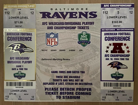 2003-2004 NFL AFC TITANS @ BALTIMORE RAVENS FULL PLAYOFF FOOTBALL TICKET SHEET Cover