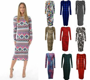 Womens Ladies Long Sleeve Midi Dress Stretch Bodycon Print Jersey Maxi Plus Size - Picture 1 of 10