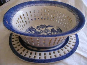 Large Canton Chinese Export Blue & White Reticulated Basket & Underplate Repro. - Picture 1 of 12