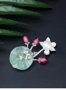 I04 Brosche Frosch auf Blatt aus grünem Aventurin Blüte mit Perle Silber 925 - Bild 1 von 6