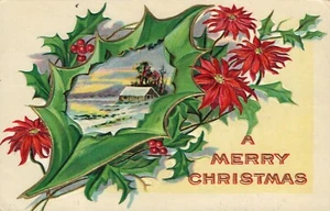 Winter Scene Poinsettia Holly Berry Christmas Postcard - Picture 1 of 2