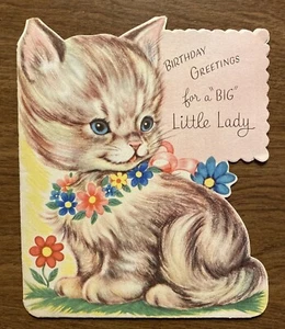 Vtg 1940s Happy Birthday Greeting Card Cat Kitten Kitty w/ Flowers Die-cut P1F - Picture 1 of 12