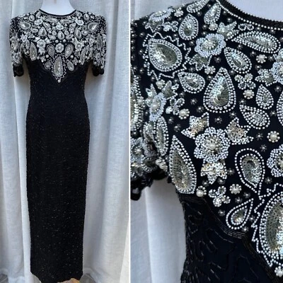 1980-е Lawrence Kazar Нью-Йорк полностью бисером черный длинный шелк платье - Изображение 1 из 4