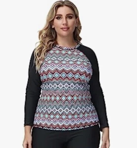 Hanna Nikole Size 24 Rash Guard Padded Bra Long Sleeve Swim Shirt Geometric - Picture 1 of 9