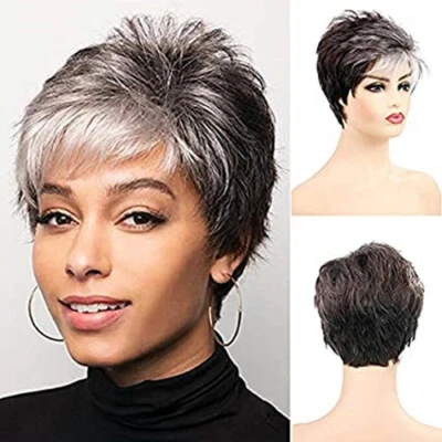 Short Black Mixed White Bangs Wig for Women Pixie Cut Synthetic Layered Cosplay  - Image 1 of 4