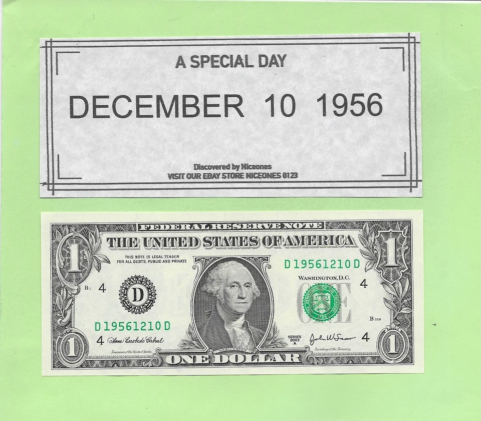 DECEMBER  10, 1956 .. 2003A ..UNCIRC   $1  D 1956 1210 D  .. BIRTHDAY NOTE - Image 1 of 1