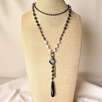 Collar Lariat Y-Drop Tono Latón Arte Vidrio Ágata Bendito Dije Cristal Lágrima Foto 1 de 4