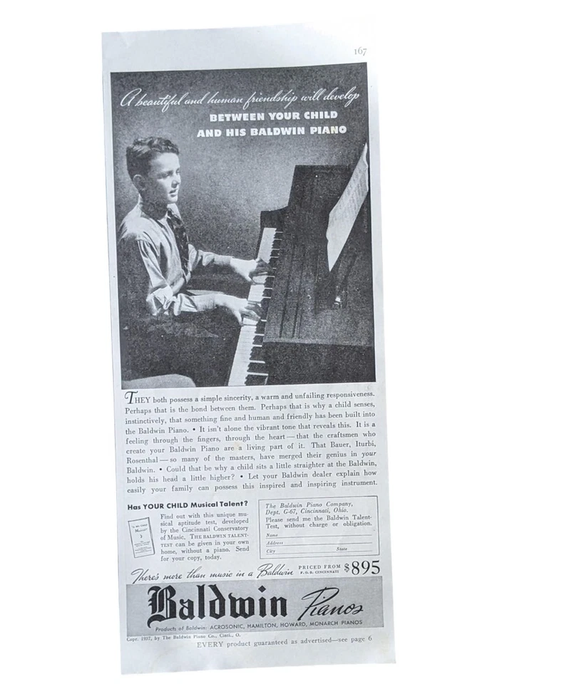 Vintage Baldwin Pianos Impressão Anúncio Criança Piano Tocando Música Educação Decoração para Casa - Imagem 1 de 1