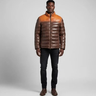 Men’s Puffer Jacket Two-Tone Real Lambskin Leather Handmade Quilted Down Cowhide - Image 1 of 4