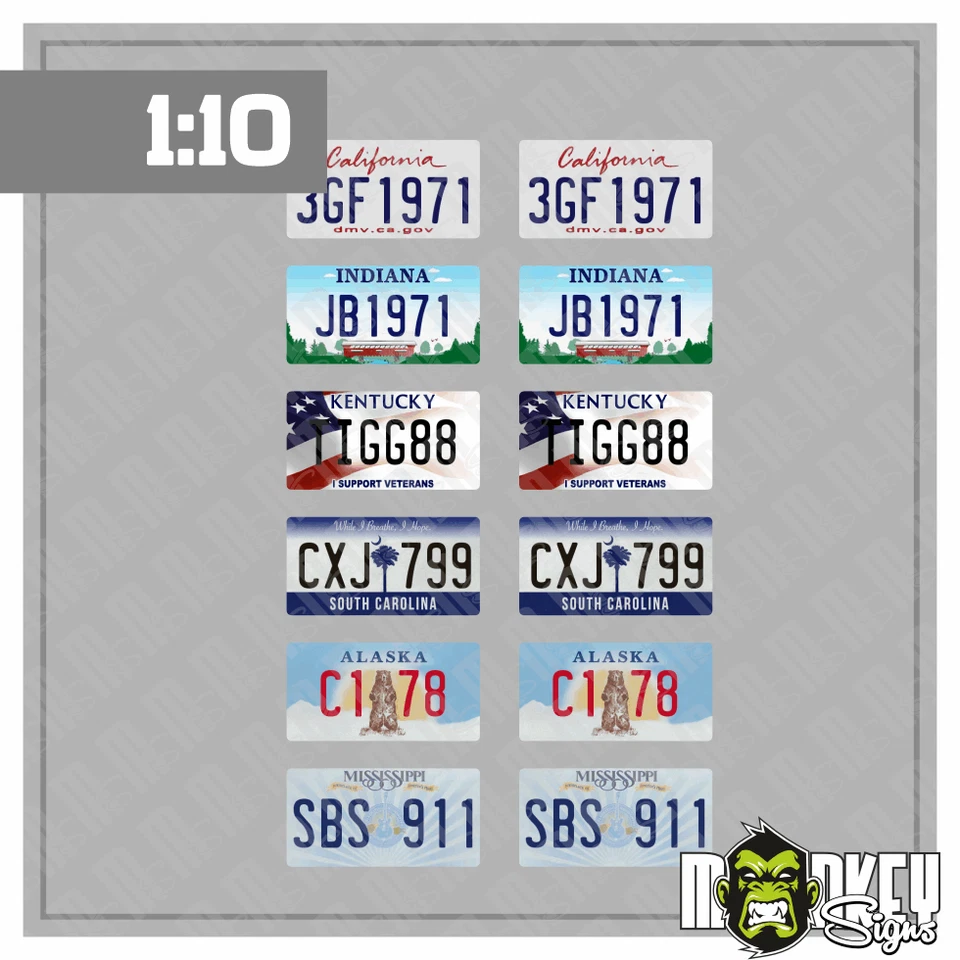 USA Nummernschilder 1:10 Modellbau Aufkleber – 6 Paar Kennzeichen Set RC Cars - Bild 1 von 3