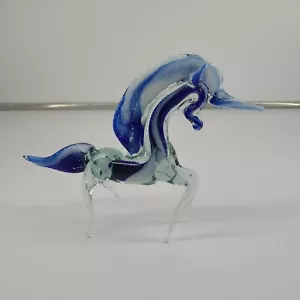 Art Glass Unicorn Hand Blown Clear Colbalt Blue Opalescent - Picture 1 of 4