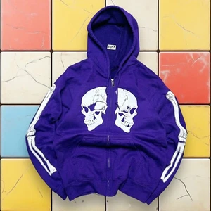 Vintage Y2K Purple Skull Zip Up Hoodie S Bones Punk Biker Streetwear Sweatshirt - Picture 1 of 12