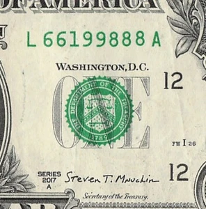 1998 Year Date Note Fancy Serial Number One Dollar Bill - Picture 1 of 11