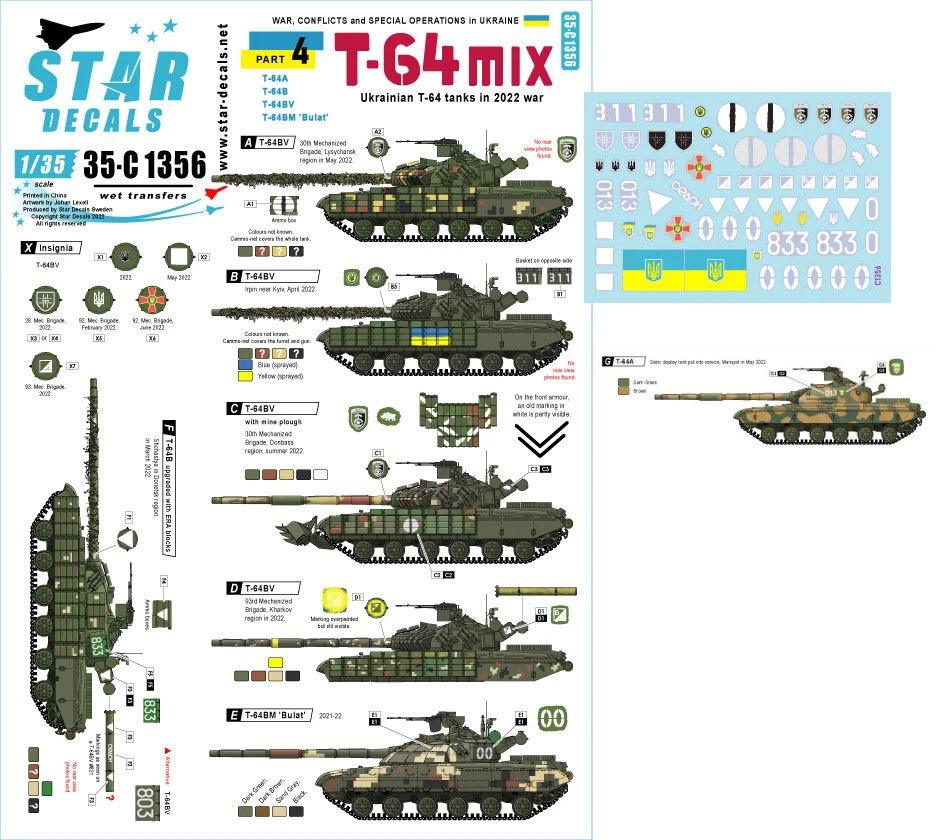 Star Decals for 1/35 War in Ukraine #4 Ukrainian T-64 mix in 2022 war - Image 1 of 1