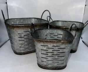 Set 3 OLIVE BUCKET Galvanized Metal Basket Rustic Farmhouse - Picture 1 of 7