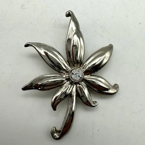 Vintage Silver Tone Clear Rhinestone Flower Leaf Brooch Pin - Picture 1 of 4