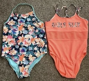 Girls One Piece Bathing Suits. Set Of Two. Matching. Floral Colorful. XL - Picture 1 of 9