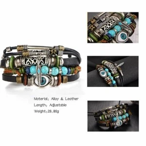 Multilayer Leather Bracelet Fish Charms Beads Bracelets Stone Bangle Men Jewelry - Picture 1 of 36