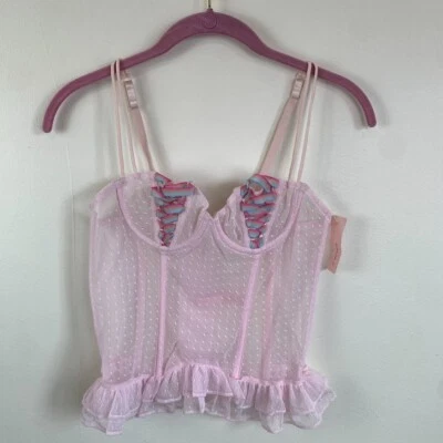 Lindo Corsé Bustier Arco Iris Y2K Camiseta sin Mangas M Rosa Malla Encaje Volantes Deshuesado Kawaii Foto 1 de 4