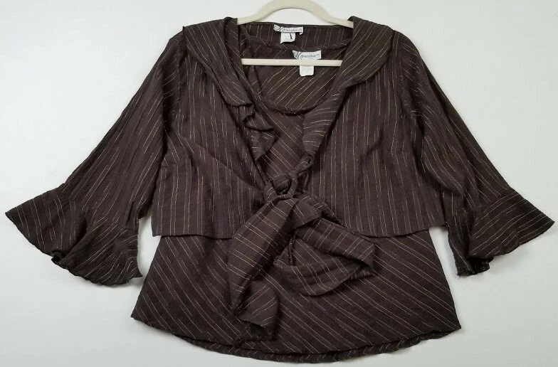 Blusa sin mangas Dressbarn Top para mujer 1X Plus marrón dorado rayas cuello en V mangas 3/4 Foto 1 de 4