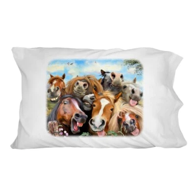 Funda de almohada para ropa de cama Horses Selfie novedad Foto 1 de 4