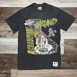Vintage 1990 Nutmeg Mills MLB Oakland Athletics A's Print T-Shirt BLK Size L - Picture 1 of 7