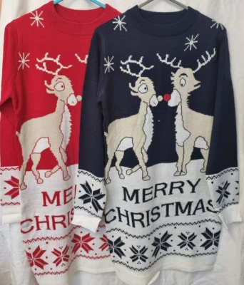 Boohoo, Navy /Red Reindeer Knitted  Merry Xmas Long Jumper / Short Dress,  XS-M - Image 1 of 4