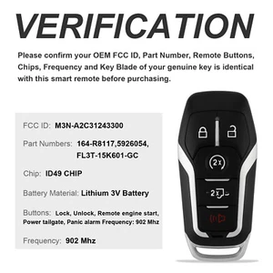 902Mhz 5 Buttons M3N-A2C31243300 Car Key Fob Remote Fit for Ford 2015 2016 2017 - Picture 1 of 10