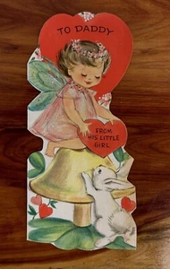 Vintage Valentine’s Day Card Used To Daddy From Little Girl Fairy Bunny Glitter - Picture 1 of 6