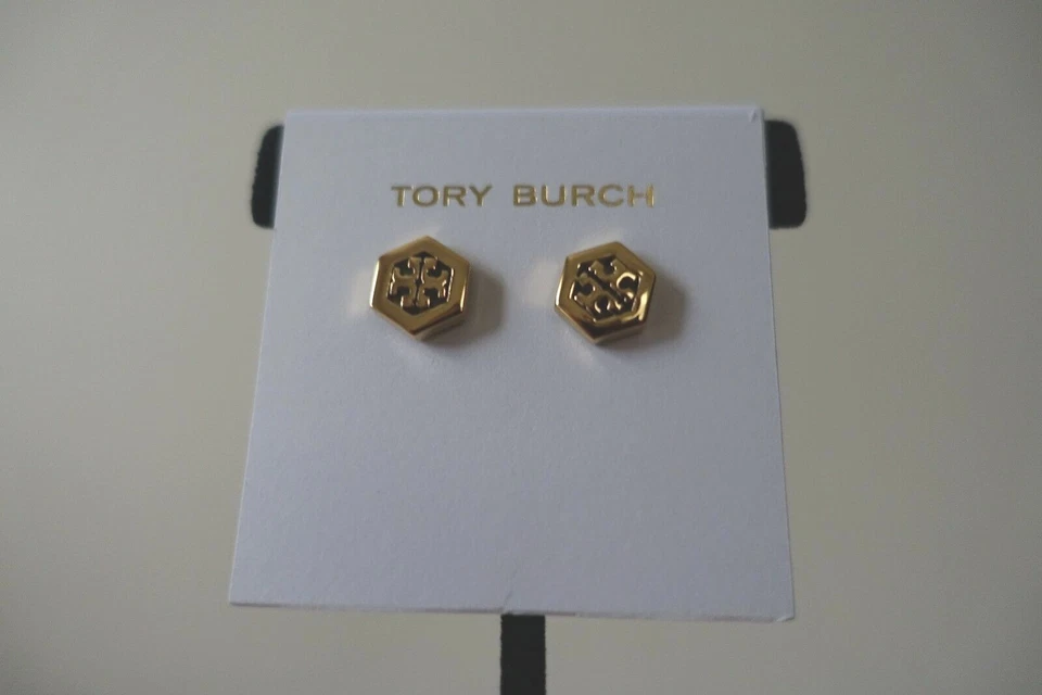 Tory Burch Hex Logo Stud Earrings 16k Gold Plated W Jewelry Pouch