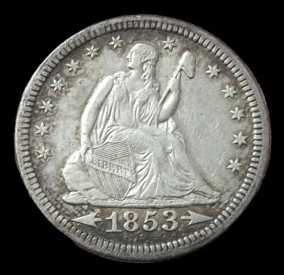 1853 ARROWS & RAYS SILVER UNITED STATES SEATED LIBERTY QUARTER COIN - Image 1 of 2