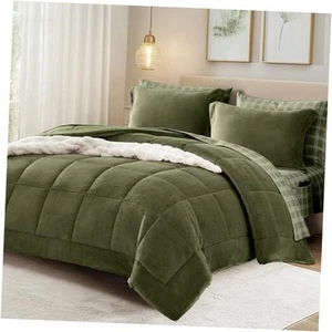 Plush Comforter Set Full Size Bed in a Bag 7 Pieces, Moss Green Flannel Velvet - Picture 1 of 7