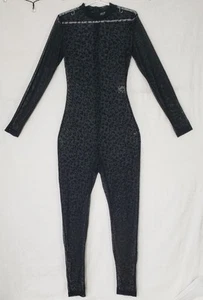 Mesh Body Stockings W/Small BLk Leopard Prt Sheer & Velour Long Sleves Jumpsuit - Picture 1 of 5