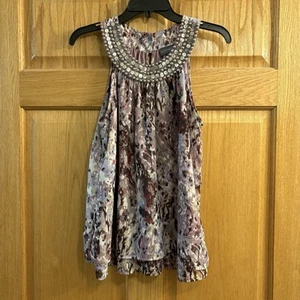 Covington Women's Purple Floral Sleeveless Top Blouse Size M Med Beaded Bling - Picture 1 of 4