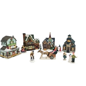 Ceramic Lighted Houses Holiday Decor Christmas Village Set With People - Picture 1 of 6