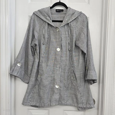 Chaqueta túnica con capucha mezcla de lino JNY talla L negra blanca a rayas costera de gran tamaño  Foto 1 de 4