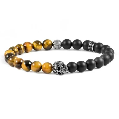 Pulsera elástica calavera con ojo de tigre y cuentas de piedra de ónix mate para hombre (8 mm) Foto 1 de 4