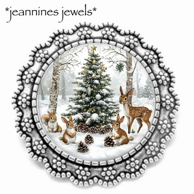 PIN de Navidad de animales del bosque broche plateado prendedor de impresión de arte de bosque de invierno vintage Foto 1 de 4