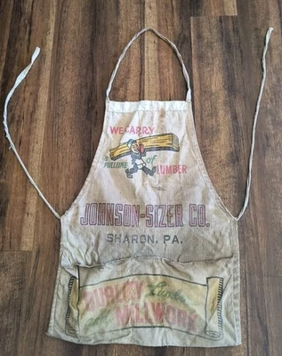 Delantal publicitario vintage tela de lona Johnson-Sizer Co. Sharon Pa madera Foto 1 de 4