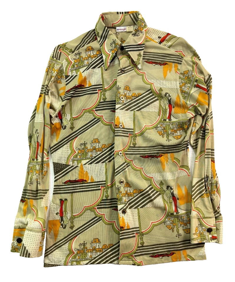 vtg 70s Wrangler Medium Disco Nylon Leisure Shirt Man Woman Retro Green Knit - Image 1 of 4