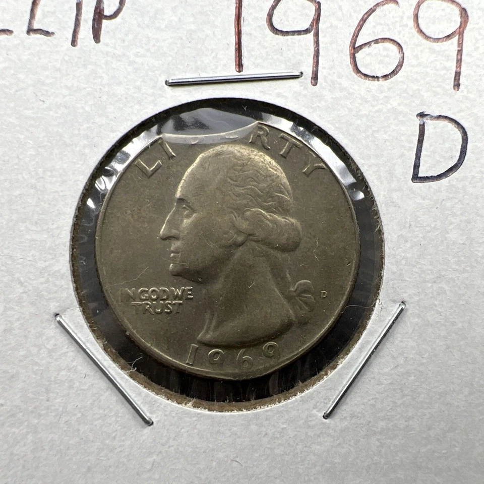 1969 D 25c Washington Clad Quarter Coin Clipped Planchet Error VF Circ - Image 1 of 4