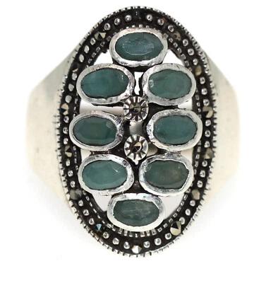 anello argento 925 radice di smeraldo corindone verde marcasite etnico misura 20 - Immagine 1 di 4