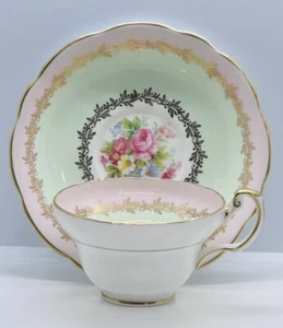EB Foley Spring Bouquet Pink And Mint Green Bone China Teacup And Saucer - Picture 1 of 6