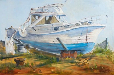Pintura vintage, 'Barco de refugiados cubanos', años 70/80, sobre lienzo, firmada Foto 1 de 4