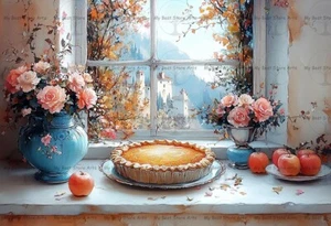 VINTAGE KITCHEN APPLE PIE AND FLOWERS ART PRINT, Cottagecore Poster, Decor E073 - Picture 1 of 4