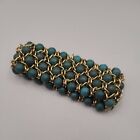 Vintage 60'S Stretchy Bracelet Blue And Gold Tone Costume Jewelry Retro