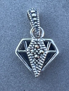 Genuine 925 Sterling Silver Marcasite Pendant .75” w/Bail Petite Diamond Shape - Picture 1 of 4