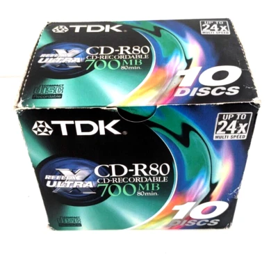 TDK CD-R 80 -CD-RU80EB 10 PACK Reflex Ultra Data CDR 80MIN  700MB / 24x Disc NEW - Image 1 of 4