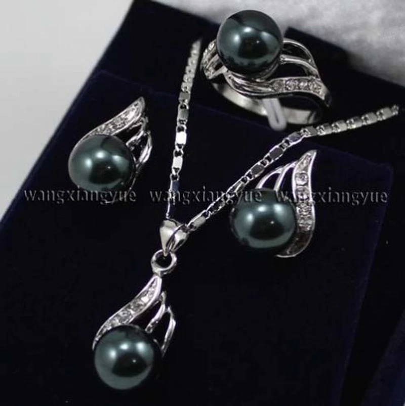 Conjunto de aretes y collar colgante de perlas concha negra del mar del sur AAA+ grado superior Foto 1 de 3